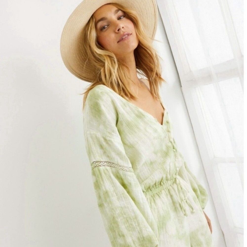 Aerie Romper Women’s Large Tie Dye Green White Crochet Lace Fairy Boho Festival